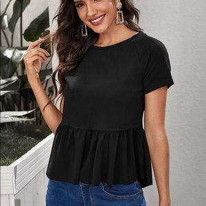 🤩Shein Solid Black Raglan Sleeve Ruffle Hem Top